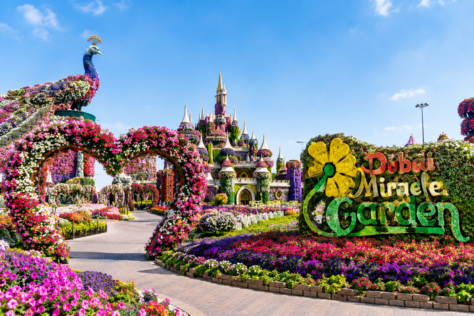 Explore the colorful floral displays, flower arches and stunning attractions at Dubai Miracle Garden.