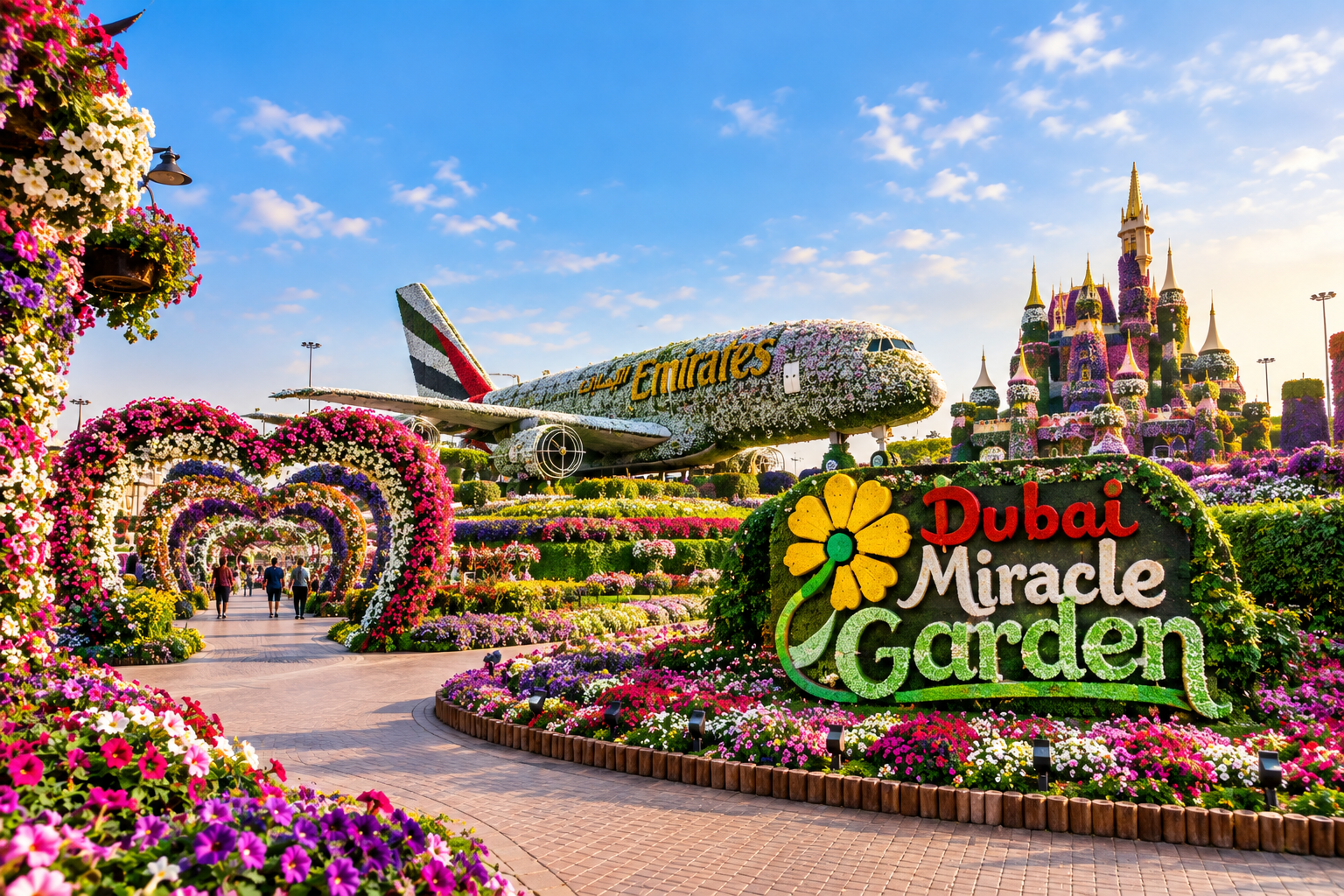 Discover the iconic flower-covered Emirates aircraft and colorful floral displays at Dubai Miracle Garden.