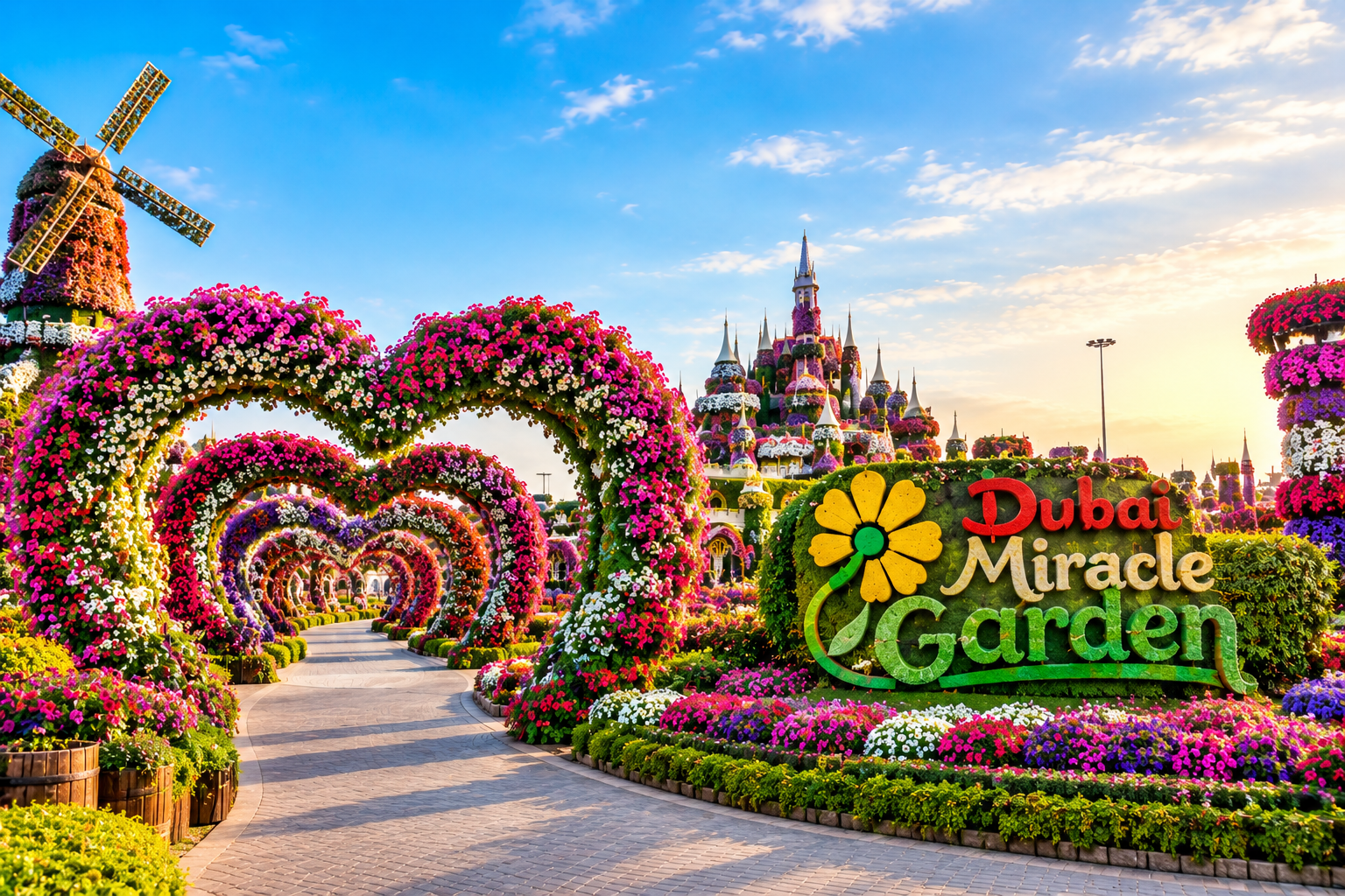 Walk through the colorful heart-shaped flower arches and discover the stunning floral displays at Dubai Miracle Garden.