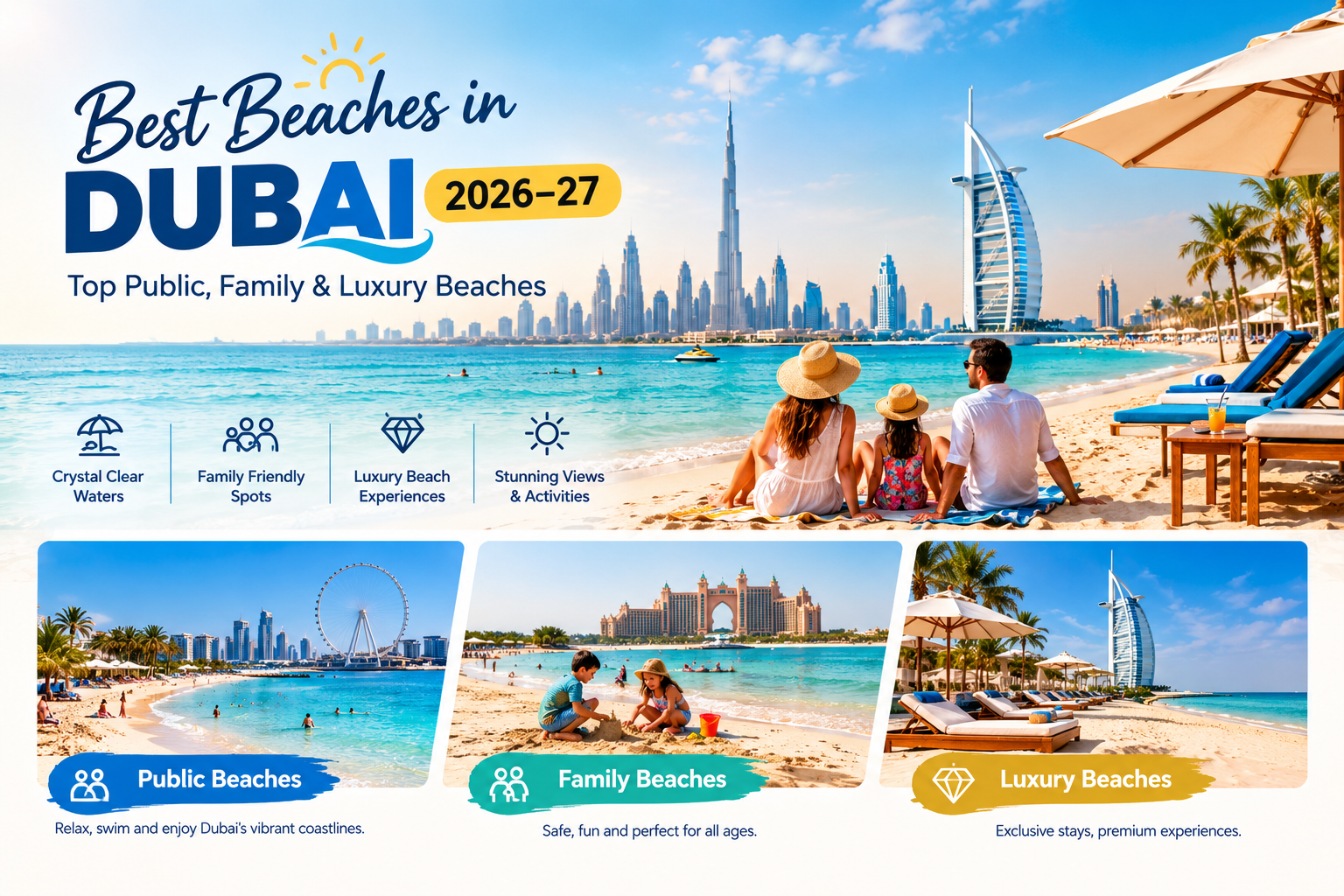 Best beaches in Dubai 2026–27 featuring public, family-friendly and luxury beaches with Dubai skyline views