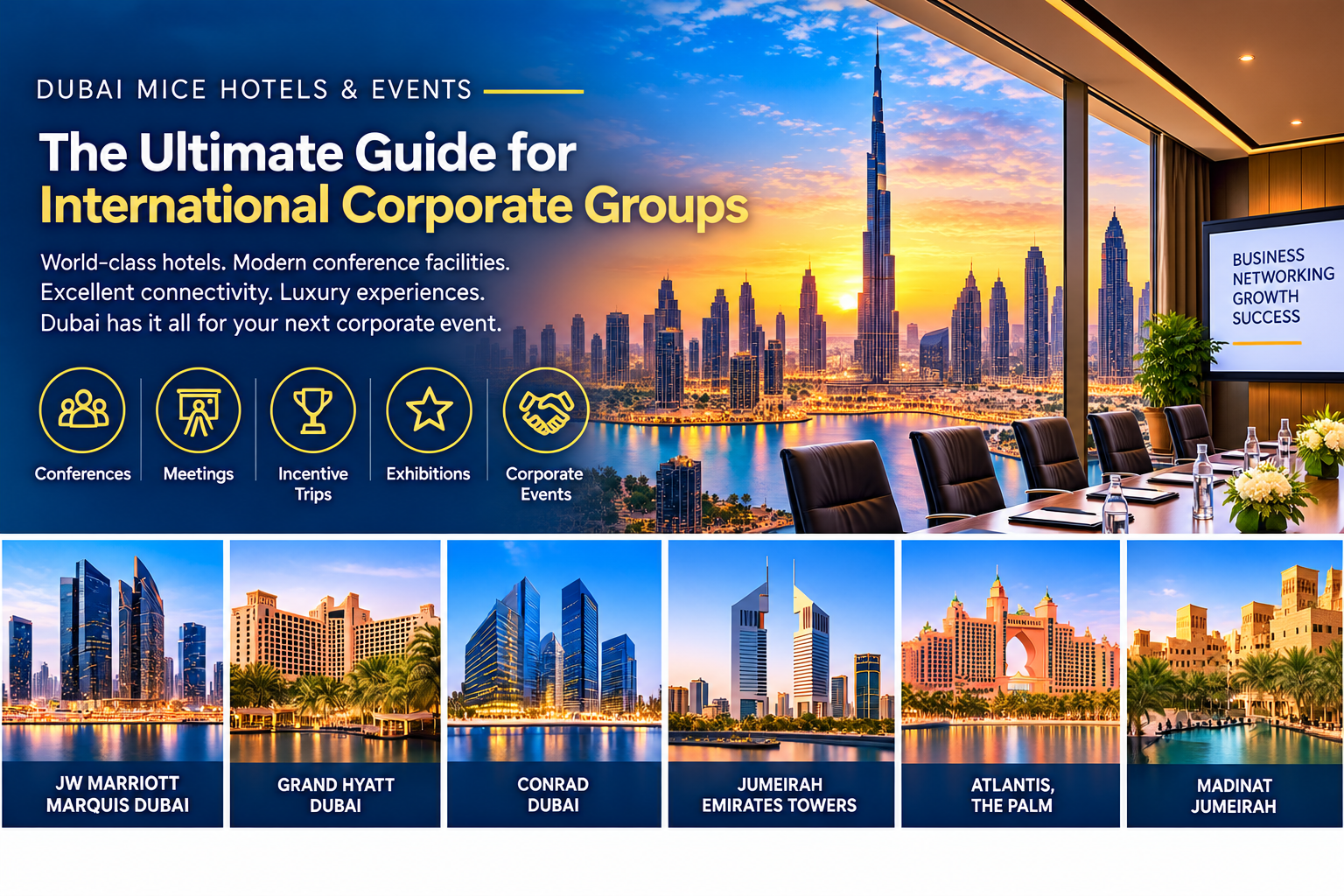 Dubai MICE hotels and events guide featuring Burj Khalifa, corporate conference facilities, and leading Dubai hotels for international business groups.