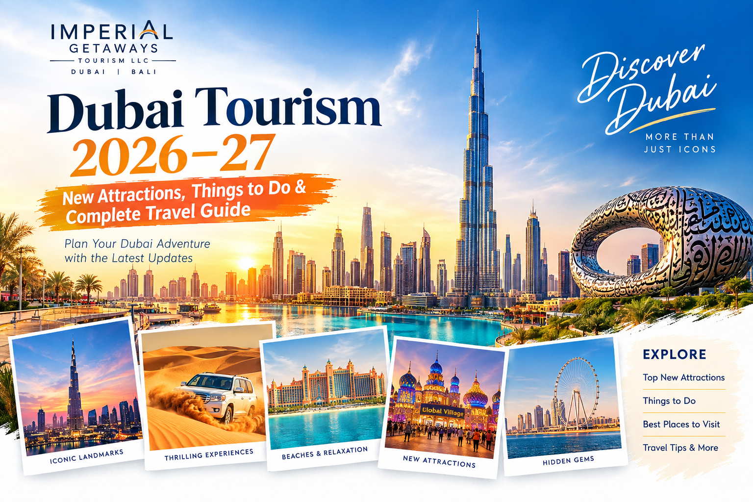Dubai Tourism 2026–27 featuring Burj Khalifa, Museum of the Future, desert safari, beaches and new Dubai attraction
