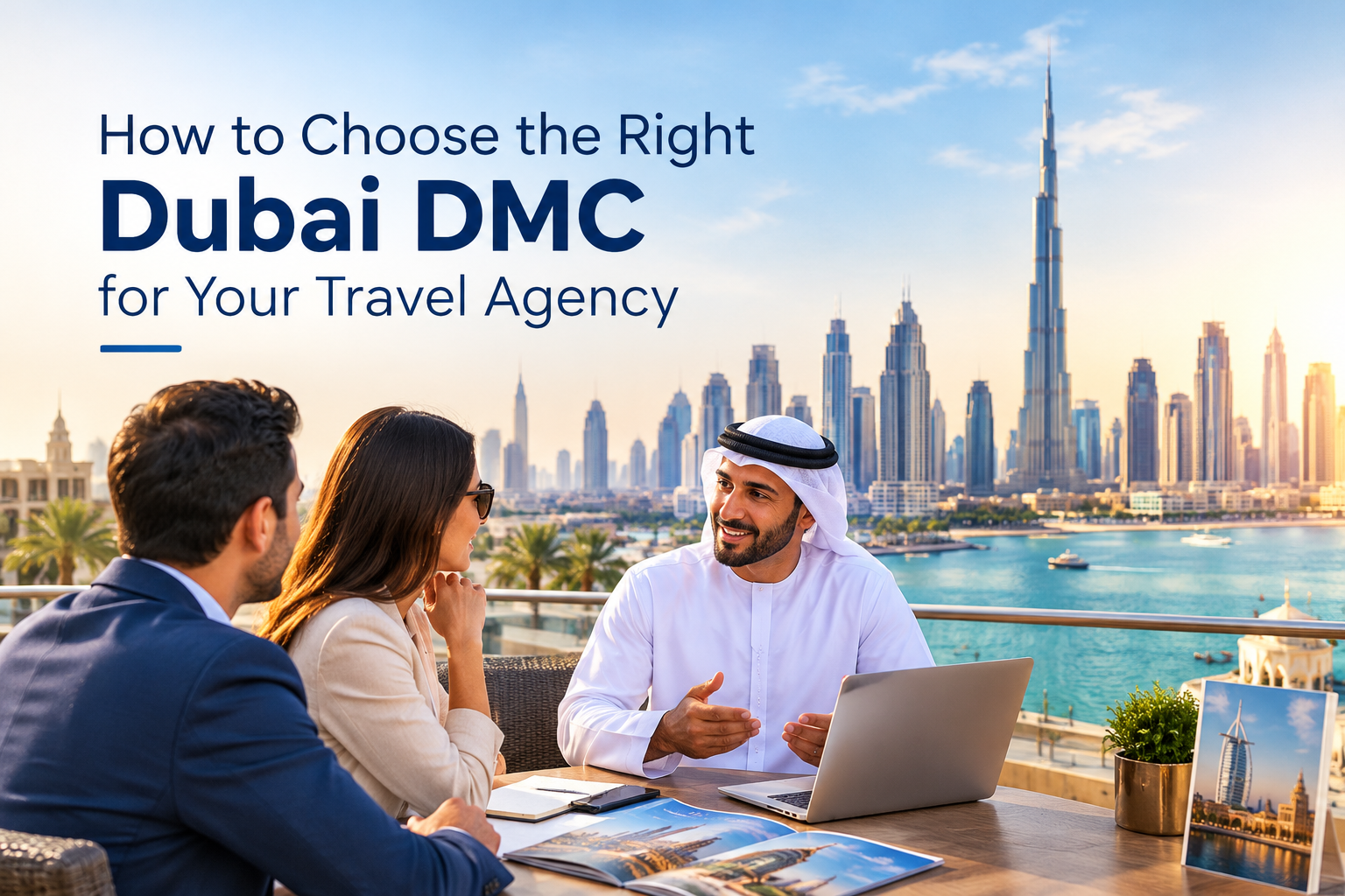 Travel agency professionals meeting with a Dubai DMC representative against the Dubai skyline.
