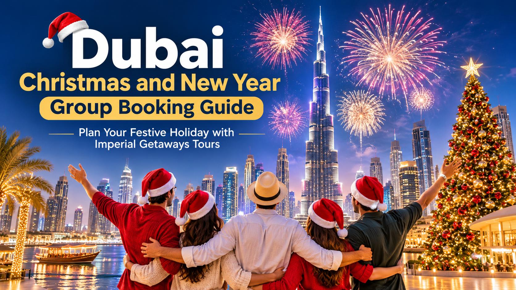 Dubai Christmas and New Year group holiday with Burj Khalifa, fireworks, festive decorations, and Imperial Getaways Tours.