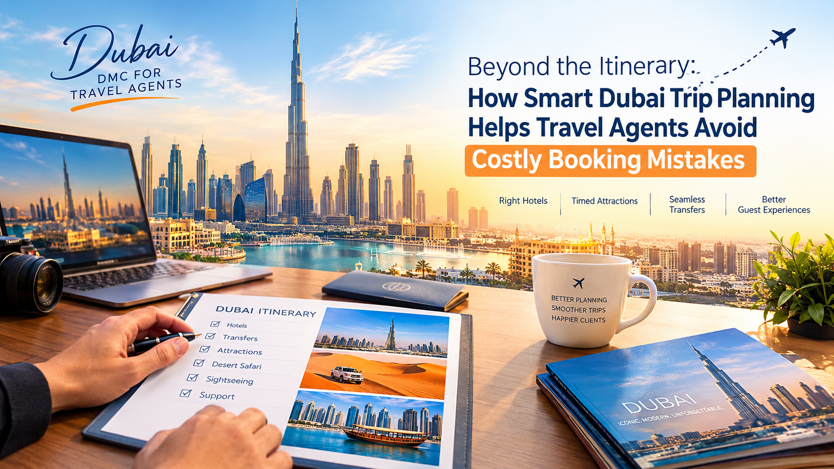 Dubai skyline featuring Burj Khalifa with a travel itinerary, illustrating smart Dubai trip planning for travel agents.
