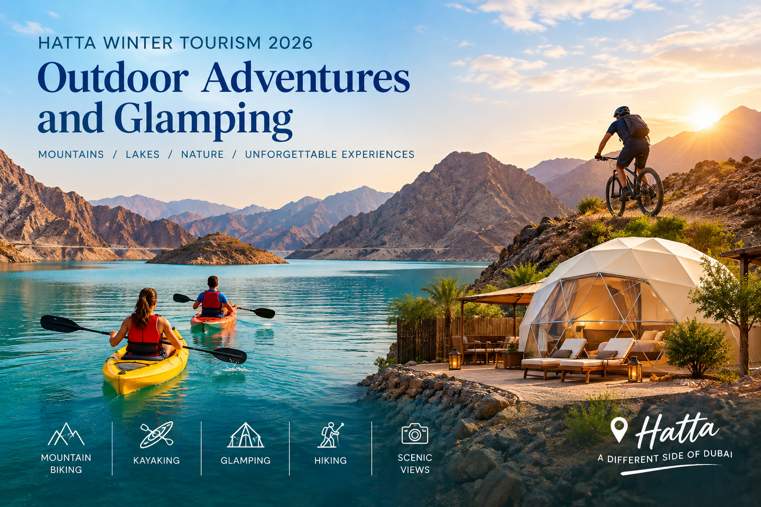 Hatta winter activities 2026 featuring mountain biking, kayaking and glamping in the Hajar Mountains.